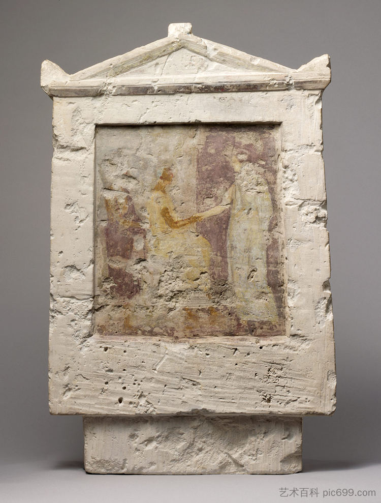 彩绘石灰石葬礼石碑与一个坐着的男人和两个站立的人物 Painted Limestone Funerary Stele with a Seated Man and Two Standing Figures (c.300 BC)，古希腊绘画和雕塑