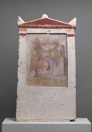 彩绘石灰石葬礼石碑与分娩中的妇女 Painted Limestone Funerary Stele with a Woman in Childbirth (c.300 BC)，古希腊绘画和雕塑