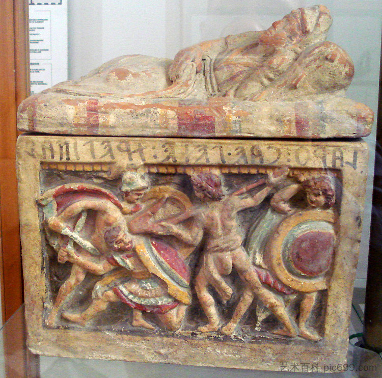 兵马俑伊特鲁里亚灰瓮，展示了围绕阿拉的战斗场景 Terracotta Etruscan Cinerary Urn, Displaying a Scene of Fight Around the Ara (c.150 BC)，古希腊绘画和雕塑