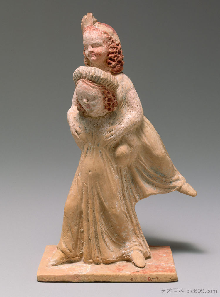 两个女孩的兵马俑组在玩一个名为麻黄的游戏 Terracotta Group of Two Girls Playing a Game Known as Ephedrismos (c.300 BC),古希腊绘画和雕塑
