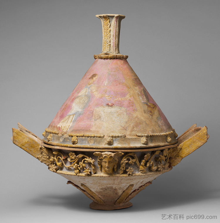 赤陶莱卡尼斯（菜）带盖和顶端 Terracotta Lekanis (dish) with Lid and Finial (c.250 BC)，古希腊绘画和雕塑