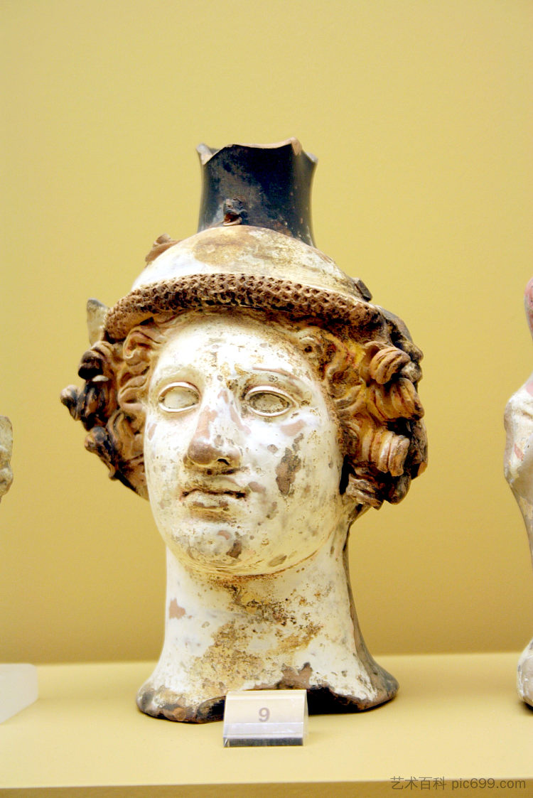 狄俄尼索斯头像的兵马俑花瓶 Terracotta Vase in the Shape of Dionysus' Head (c.410 BC)，古希腊绘画和雕塑