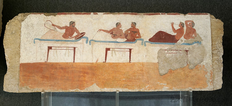 意大利帕埃斯图姆的潜水员墓。南墙 Tomb of the Diver in Paestum, Italy. South Wall (c.470 BC)，古希腊绘画和雕塑