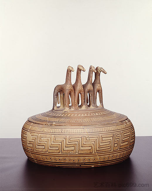 阁楼晚期几何皮克西斯,盖子上有四匹马。从 克拉米科斯 Attic Late Geometric Pyxis with Four Horses on the Lid. From Kerameikos (c.735 BC),古希腊陶器