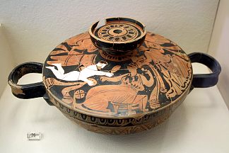 盖子上画着婚礼准备场景的碗 Bowl with a Scene of Preparation to the Wedding Painted on the Lid (c.360 BC)，古希腊陶器