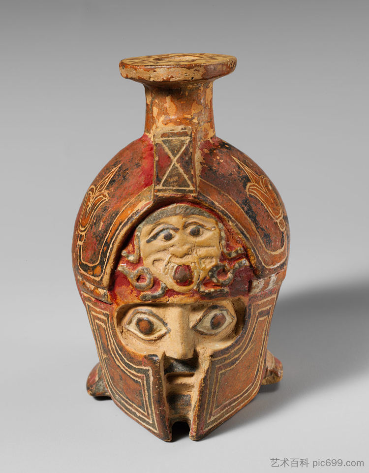 头盔头形式的兵马俑 Terracotta Aryballos in the Form of a Helmeted Head (c.575 BC)，古希腊陶器