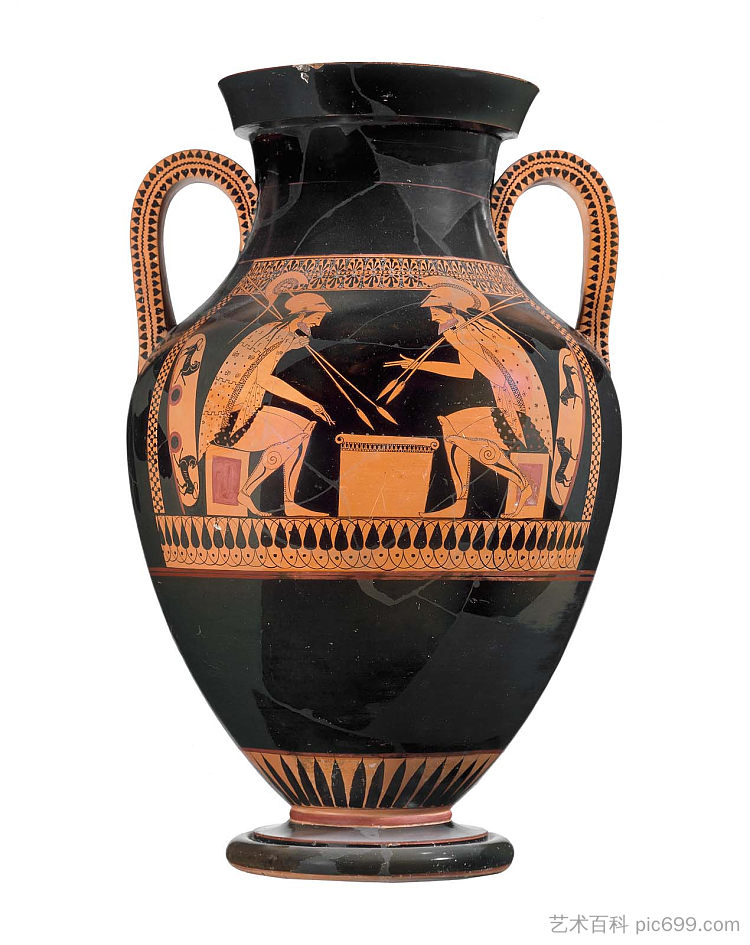 两个手柄双耳瓶与阿喀琉斯和阿贾克斯 Two handled amphora with Achilles and Ajax (c.520 BC)，古希腊陶器