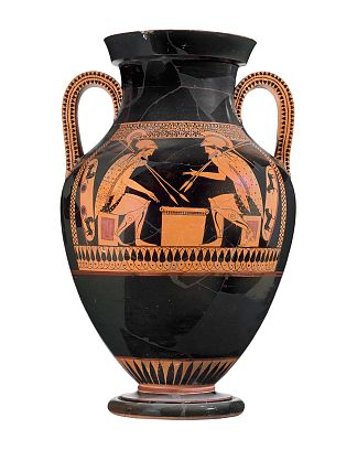 两个手柄双耳瓶与阿喀琉斯和阿贾克斯 Two handled amphora with Achilles and Ajax (c.520 BC)，古希腊陶器