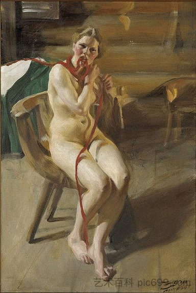 裸体女人整理头发 Nude woman arranging her hair (1907)，安德斯·左恩