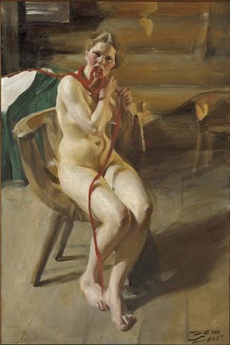 裸体女人整理头发 Nude woman arranging her hair (1907)，安德斯·左恩