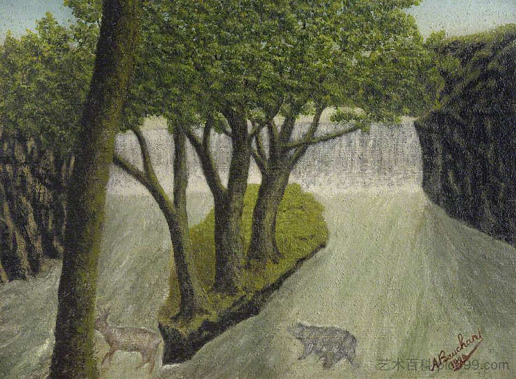 动物穿越洪水泛滥的河流与远处的瀑布 Animals Crossing a Flooded River with a Distant Waterfall (1924)，安德烈·博尚