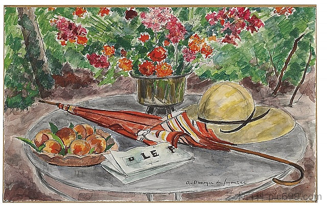 花瓶，佩奇盘，雨伞和费加罗 Vase de fleurs, assiette de peches, ombrelle et le Figaro (1960)，安德烈·都那叶·德·斯贡札克