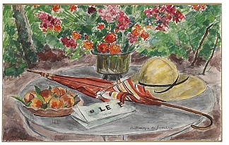 花瓶，佩奇盘，雨伞和费加罗 Vase de fleurs, assiette de peches, ombrelle et le Figaro (1960)，安德烈·都那叶·德·斯贡札克