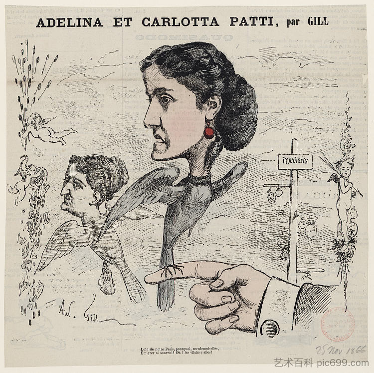 阿德丽娜和卡洛塔·帕蒂的漫画 Caricature of Adelina and Carlotta Patti (1866)，安德烈·吉尔