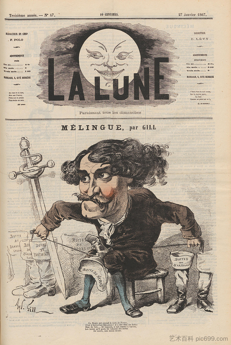 艾蒂安·梅林格的漫画，法国演员、雕塑家、画家 Caricature of Étienne Mélingue, French actor, sculptor, painter (1867)，安德烈·吉尔