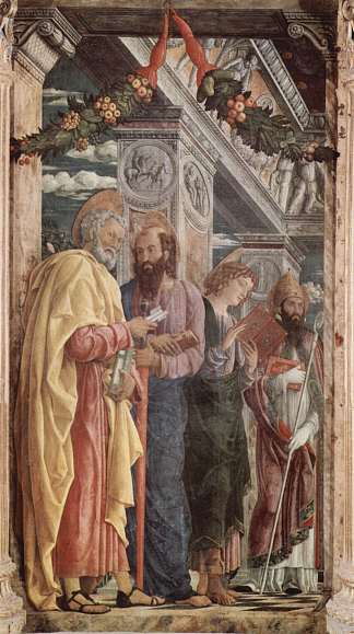 维罗纳圣芝诺祭坛画，左面板圣彼得和圣保罗，福音传教士圣约翰，圣芝诺 Altarpiece of San Zeno in Verona, left panel of St. Peter and St. Paul, St.John the Evangelist, St. Zeno (1459)，安德烈亚·曼特尼亚