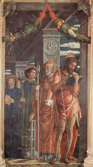 维罗纳圣芝诺祭坛画，圣本尼迪克特，圣劳伦斯，圣格雷戈里和施洗者圣约翰的右面板 Altarpiece of San Zeno in Verona, right panel of St. Benedict, St. Lawrence, St. Gregory and St. John the Baptist (1459)，安德烈亚·曼特尼亚