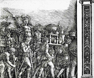 货币和黄金珠宝的持有者，奖杯皇家盔甲与壁柱 Holders of currencies and gold jewelry, trophies royal armor with pilasters (1500)，安德烈亚·曼特尼亚