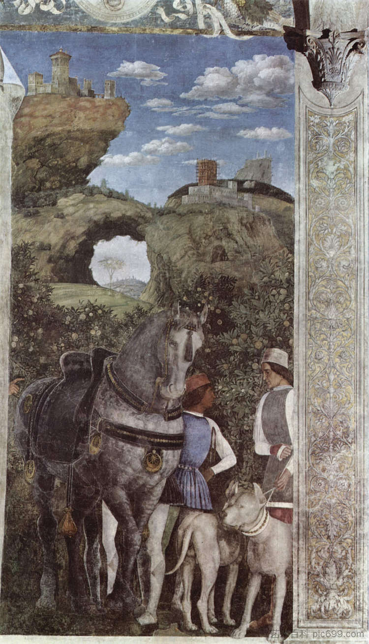 马和马夫与猎狗，来自相机degli Sposi或相机皮塔（细节） Horse and groom with hunting dogs, from the Camera degli Sposi or Camera Picta (detail) (1474)，安德烈亚·曼特尼亚