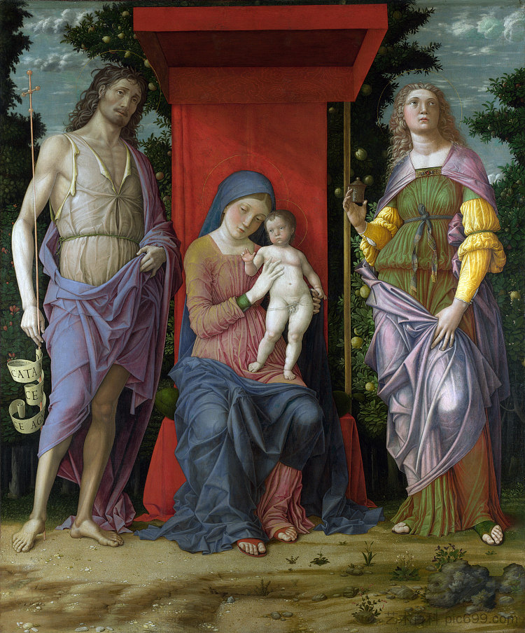 麦当娜与抹大拉的圣玛丽和施洗者圣约翰 Madonna with St. Mary Magdalene and St. John the Baptist (1490 - 1506)，安德烈亚·曼特尼亚