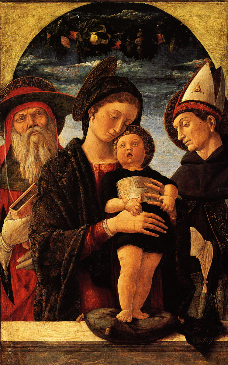 圣母子与图卢兹的圣杰罗姆和路易 The Virgin and Child with Saint Jerome and Louis of Toulouse (1455)，安德烈亚·曼特尼亚