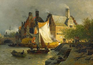 荷兰港口的停泊船只 Moored Boats in A Dutch Harbor (c.1880 – c.1900)，安德烈亚斯·阿亨巴赫