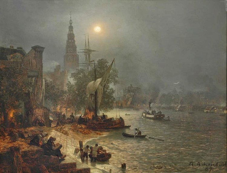 夜景， 阿姆斯特丹 Night view, Amsterdam (c.1900)，安德烈亚斯·阿亨巴赫