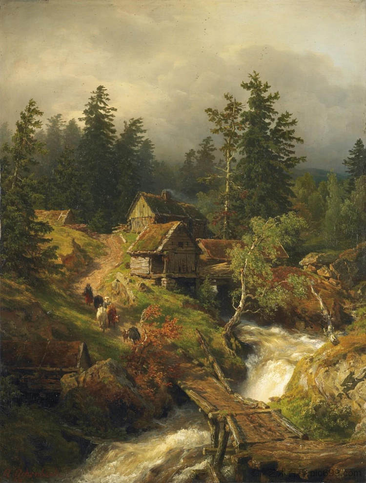 山地景观与溪流和水车 Mountainous Landscape With Stream And Watermill (1884)，安德烈亚斯·阿亨巴赫