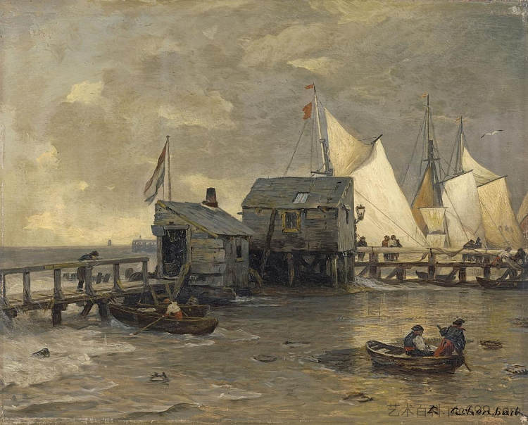 带帆船的码头 Jetty with sailing boats (1891)，安德烈亚斯·阿亨巴赫