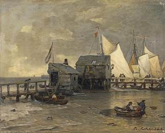 带帆船的码头 Jetty with sailing boats (1891)，安德烈亚斯·阿亨巴赫