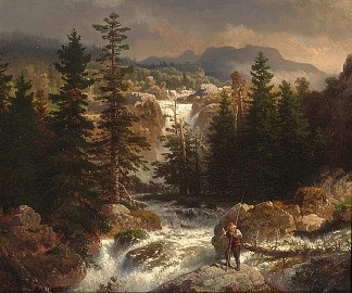 一名渔民在山洪附近检查他的渔获 A Fisherman Inspecting His Catch near a Mountain Torrent，安德烈亚斯·阿亨巴赫