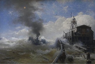 全盛时期离开奥斯坦德港的拖船 Towboat leaving the port of Ostend at heyday (c.1882)，安德烈亚斯·阿亨巴赫