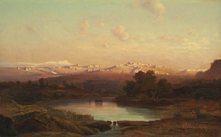 暮色中的意大利风景 Italian landscape at twilight (1850),安德烈亚斯·阿亨巴赫