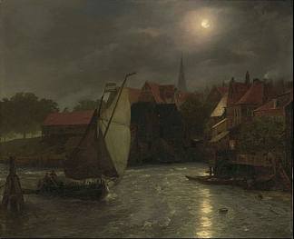 运河上的船，月光 Boats on a Canal, Moonlight，安德烈亚斯·阿亨巴赫