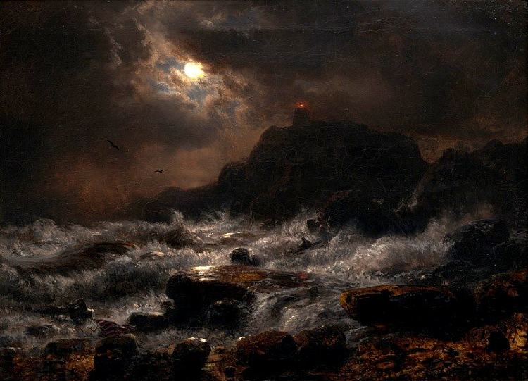 月光下的挪威海岸 Norwegian coast by moonlight (1848)，安德烈亚斯·阿亨巴赫