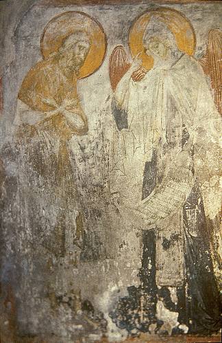安吉尔向僧侣帕乔米乌斯颁发了修道章程。 Angel presents Monk Pachomius cenobitic monastic charter. (c.1400; Zvenigorod,Russian Federation                     )，安德烈·鲁布列夫