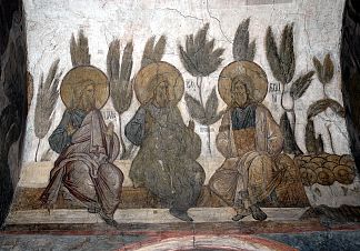 最后的审判：雅各、亚伯拉罕和以撒在天上 The Last Judgement: Jacob, Abraham and Isaac in Heaven (1408; Vladimiro-aleksandrovskoye / Alexandrovka / Aleksandrovskoe,Russian Federation                     )，安德烈·鲁布列夫