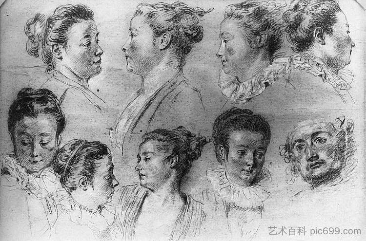 女性头部研究 Studies of Women's Heads，让·安东尼·华多