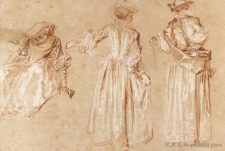 戴帽子女士的三个研究 Three Studies of a Lady with a Hat (c.1715)，让·安东尼·华多