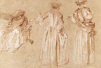 戴帽子女士的三个研究 Three Studies of a Lady with a Hat (c.1715)，让·安东尼·华多