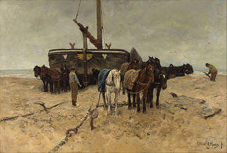 海滩上的渔船 Fishing boat on the beach (1882)，安东·莫夫