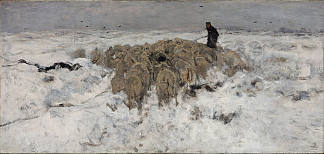 雪地里的牧羊羊群 Flock of sheep with shepherd in the snow，安东·莫夫