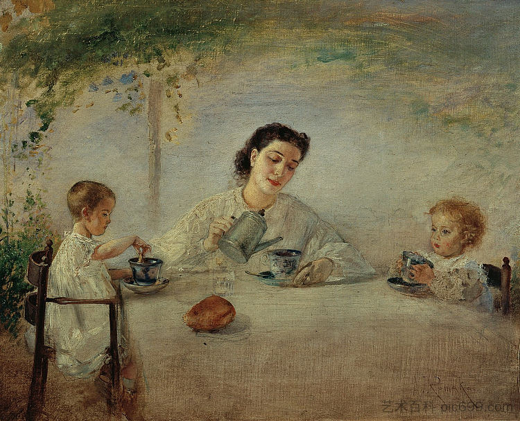 艺术家的家人在早餐 The artist's family at breakfast (1872 - 1873)，安东·罗马科