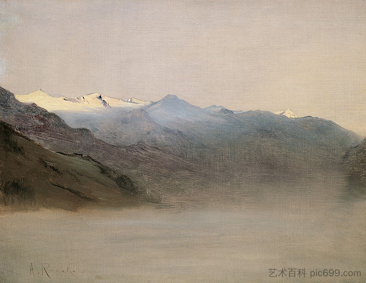 雾中的加斯坦山谷 The Gastein Valley in the fog (1877)，安东·罗马科