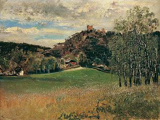 Vorderbrühl的Meiereiwiese与Mödling遗址 The Meiereiwiese in the Vorderbrühl with the Mödling ruins (1885)，安东·罗马科