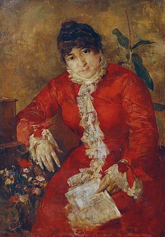 穿着猩红色连衣裙的女人与报纸床单和榕树 Woman in scarlet dress with newspaper sheet and ficus (1884 – 1889)，安东·罗马科