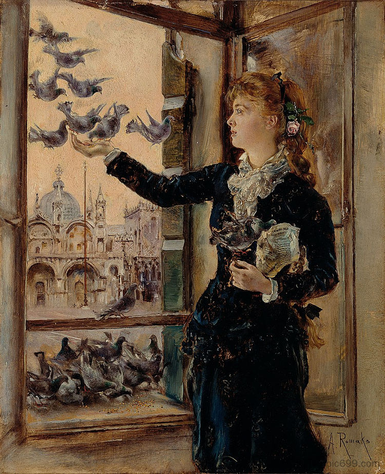 女孩在圣马可广场的窗口，喂鸽子 Girl at a window to St. Mark's Square, feeding pigeons (c.1875)，安东·罗马科