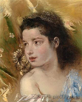 戴着月亮头饰的女孩的肖像 Portrait of a Girl with a Moon Tiara (c.1857 - c.1876; Rome,Italy  )，安东·罗马科