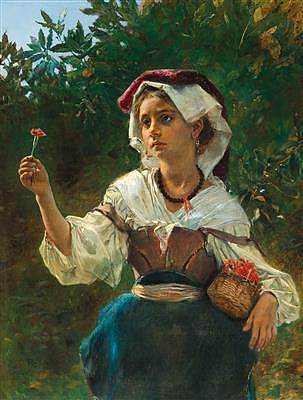 意大利女孩在月桂树丛前拿着小篮子和康乃馨 Italian girl with a small basket and a carnation before a laurel bush (c.1857 – c.1876; Rome,Italy                     )，安东·罗马科
