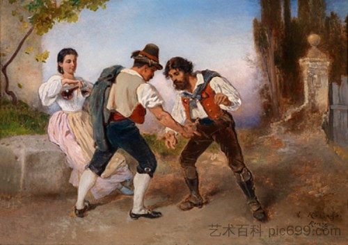 意大利农民扮演莫拉和拿着酒瓶的农妇 Italian Peasants Playing Morra and a Peasant Woman with Wine Bottle (1857 - 1876; Rome,Italy  )，安东·罗马科